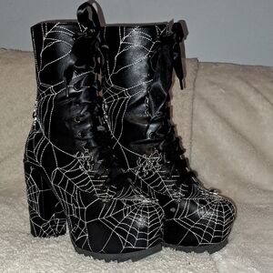 Elegant Black Spider Web Lace-Up Boots